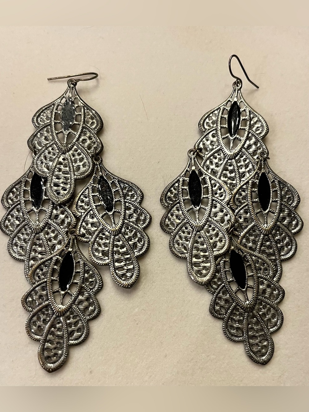Silver Tone  Filigree Teardrop Dangle Earrings with Black Accents